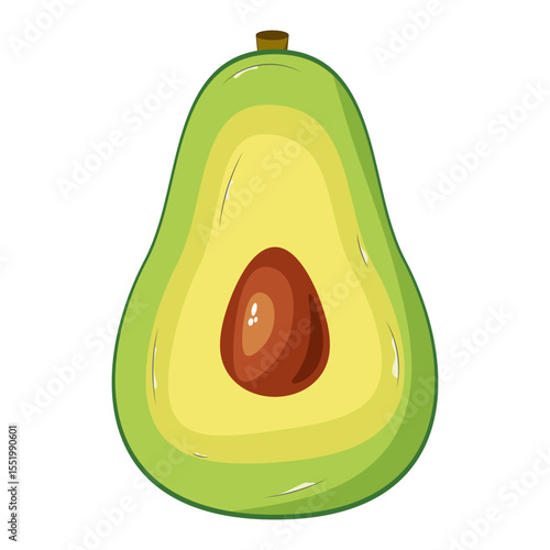 Cartoon Avocado Half with Pit Vector Illustration. This vibrant vector illustration features a stylized cartoon representation of a halved avocado.