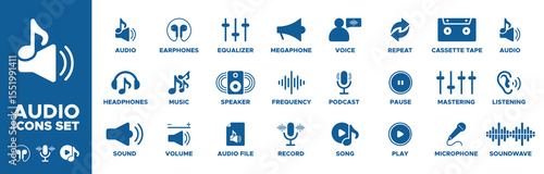 Audio icon set. audio, headphones, sound, volume, music, earphones, equalizer, speaker, audio file, record, frequency, megaphone, voice, podcast icons. Solid icon collection. Vector illustration.