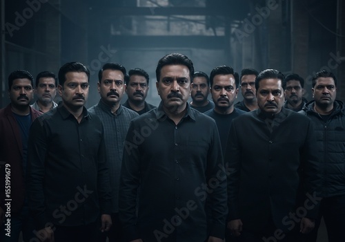 어두운 조명 아래 굳건히 서 있는 남성들 강렬한 시선 집중