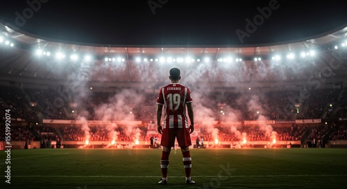 붉은 조명 아래 웅장한 경기장 밤 풍경 선수의 굳건한 뒷모습