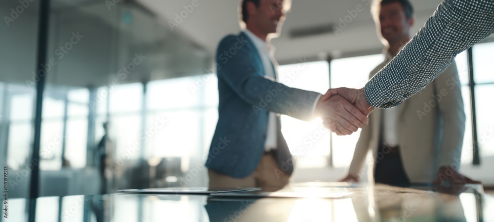 The handshake symbolizing partnership and collaboration in a modern business environment. The handshake symbolizing partnership and collaboration in a modern business environment.