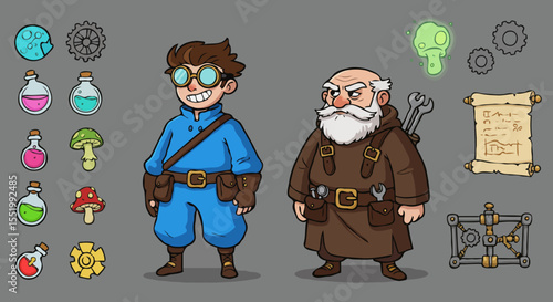 Wallpaper Mural A cartoon fantasy character sheet with a young alchemist and a wise dwarven engineer plus steampunk and magic item icons [on a grey background] [with spaces for text] Torontodigital.ca