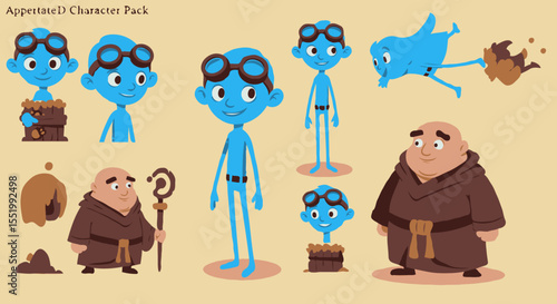 A stylized cartoon character pack with a friendly skinny blue creature and a stout monk in various action poses [with spaces for text]