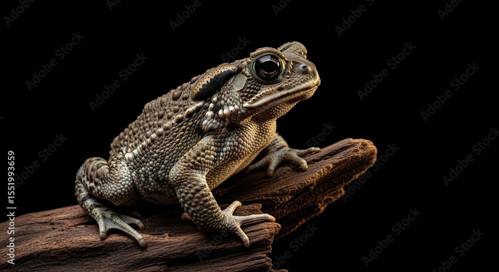 Detailed Portrait of a Toad Perched on a Textured Wooden Branch Detailed Portrait of a Toad Perched on a Textured Wooden Branch