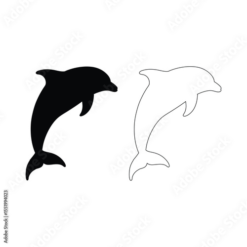 floating dolphin silhouette vector and line art on white background