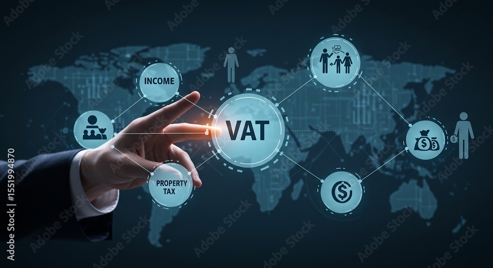 Fototapeta premium 부드러운 조명 아래 손가락이 VAT 시스템을 연결하는 모습 세계경제 네트워크