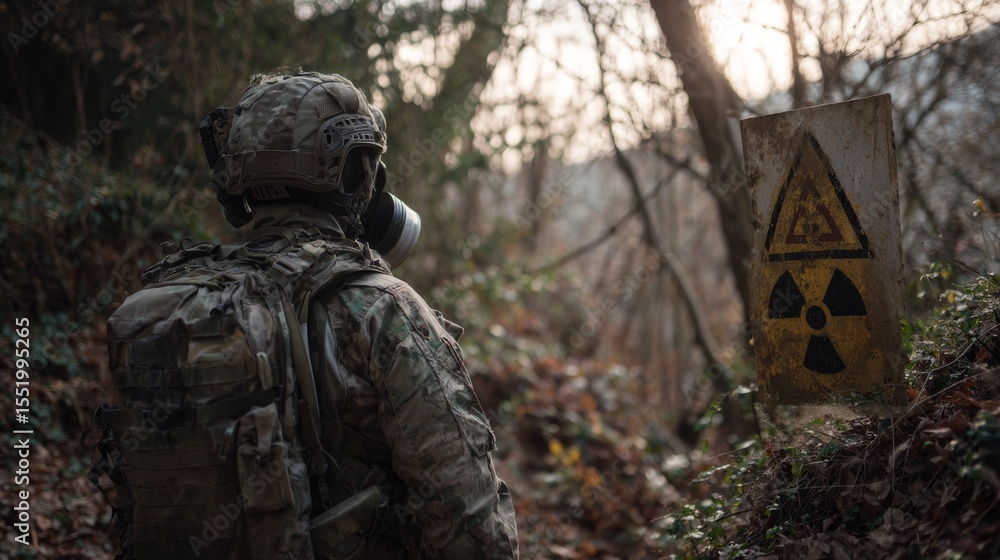 Military chemical units detect radiation levels; an aged radiation warning sign appears in a contaminated natural environment. Military chemical units detect radiation levels; an aged radiation warning sign appears in a contaminated natural environment.