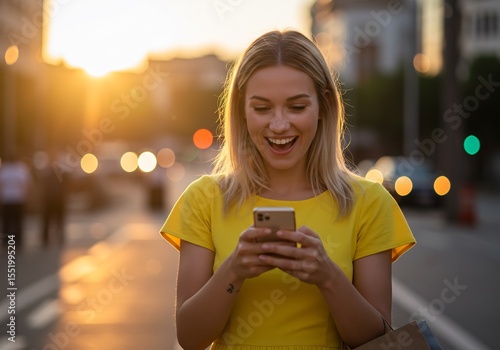 황홀한 석양 아래 스마트폰을 보며 기뻐하는 젊은 여성 밝은 노란색 원피스가 눈부셔요