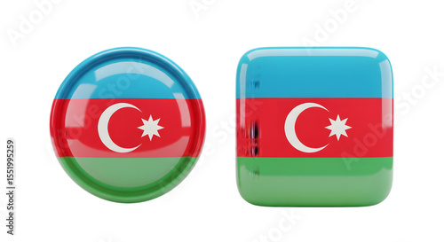 Free Download Two glossy 3d rendered badges featuring the flag of azerbaijan one circular and one square isolated on transparent background - GFXLoad
