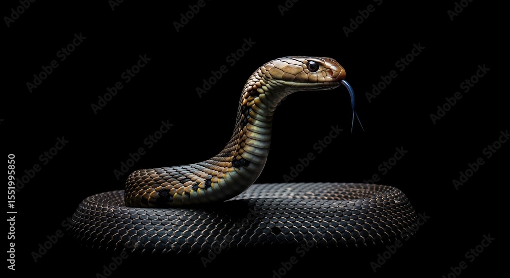 Fototapeta premium Striking cobra portrait with forked tongue against a stark black background