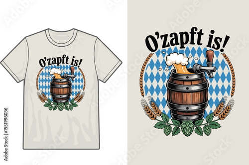 Oktoberfest T Shirt Design with Beer Barrel and Bavarian Flag Pattern