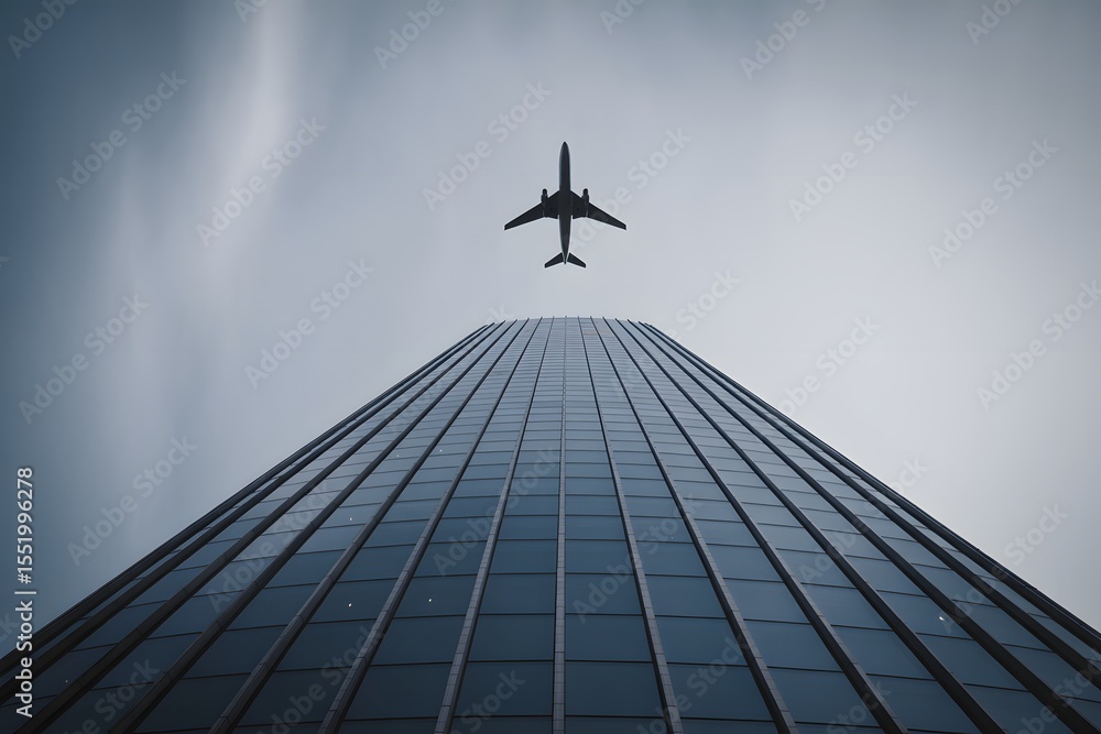 Obraz premium Airplane flying over glass skyscraper building aircraft