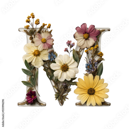 Floral letter m isolated on transparent background