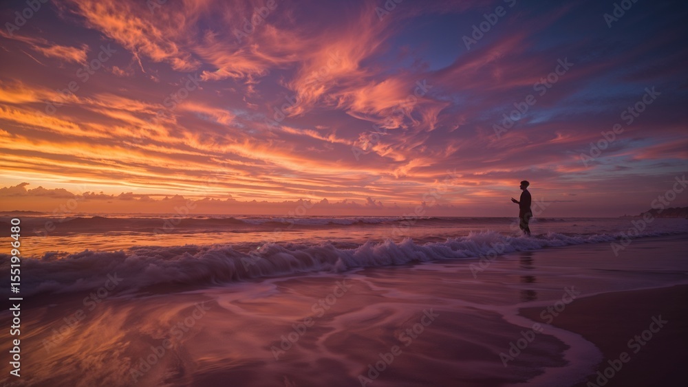 Fototapeta premium A person stands in the ocean waves under a vibrant sunset sky with colorful clouds above them all