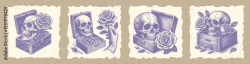 Halftone stipple bundle design of skull with rose in a box, purple stamp engraving style illustration, retro grain texture ink effect for vintage tattoo, gothic print project
