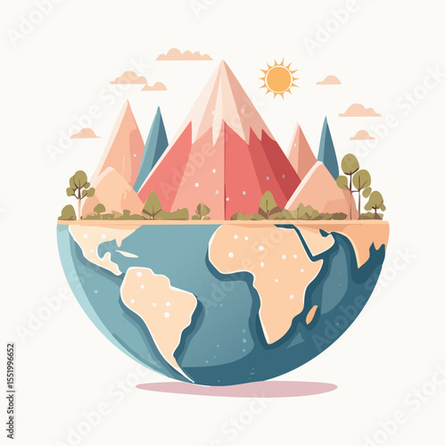 A Earthglobe hemisphere with mountains trees and a sun above the horizon