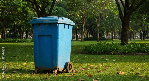 푸른 쓰레기통 햇살 가득한 잔디밭에 고요히 서 있다.