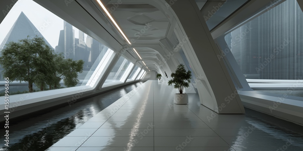 Fototapeta premium Futuristic urban corridor with geometric structures and indoor trees