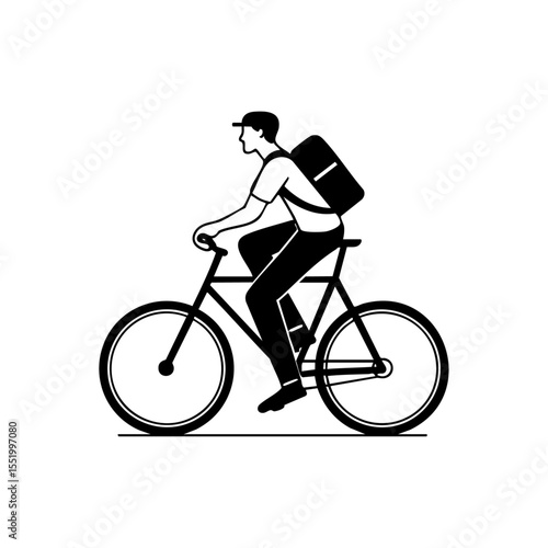 Side view of a man riding a bicycle with a courier bag, ideal for urban transport themes.

