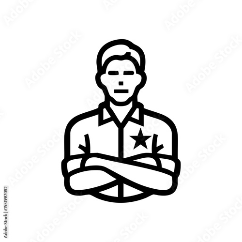 Vector line icon of a confident male guard crossing arms in uniform

