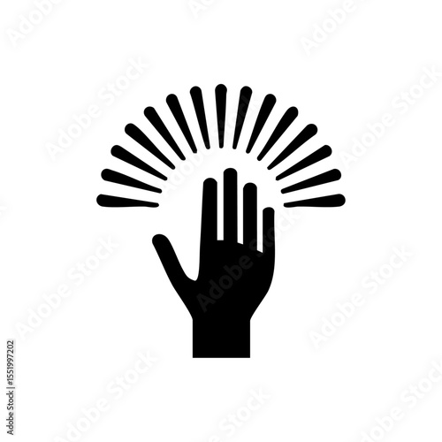 Solid black vector icon of a hand uplifted toward radiating light beams.

