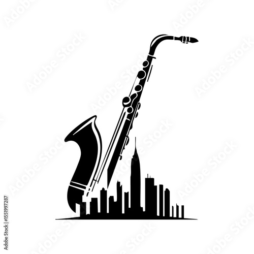 Vector logo of a saxophone blending into a city skyline silhouette.

