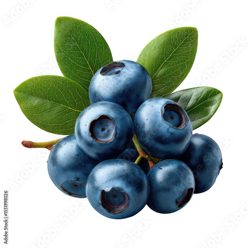 Fresh blueberries with leaves isolated on transparent background