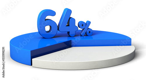 64% blue and white pie chart isolated on transparent background. 3d illustration.
