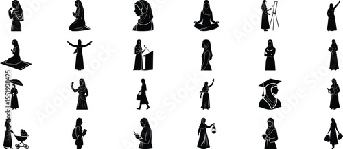Vector silhouettes of hijabi women activities on a white background