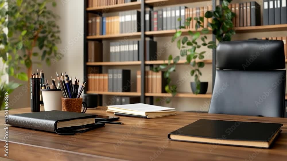 Workspace with Wooden Desk Stationary and Leather Journal near Bookshelf and Office Plant Workspace with Wooden Desk Stationary and Leather Journal near Bookshelf and Office Plant