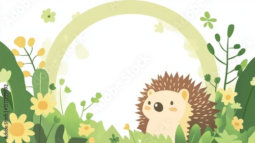 Sweet Hedgehog Amidst Lush Greenery and Soft Yellow Flowers in Spring
