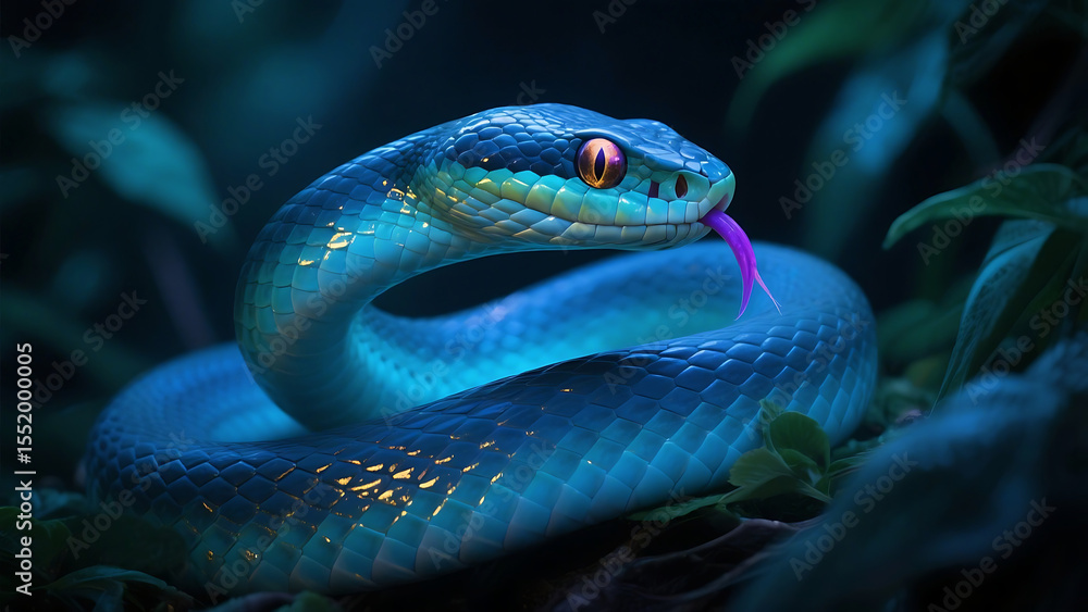 Fototapeta premium Close up of a vibrant blue viper snake with a forked purple tongue flicking