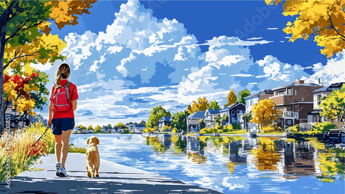 Woman enjoying a leisurely walk with her dog by a tranquil canal, surrounded by colorful autumn foliage and charming houses