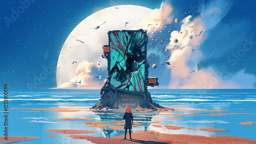 A mysterious, damaged machine stands upright on a surreal beach, evoking questions of origin, purpose, and abandonment.  , digital art style, illustration painting
