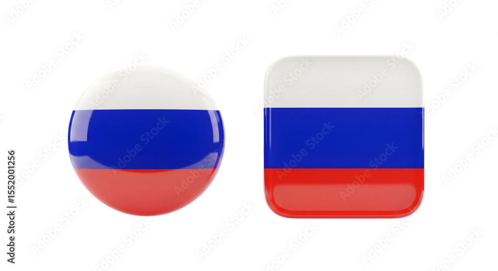Fototapeta premium Two glossy three dimensional shapes representing the russian flag a sphere and a rounded square isolated on transparent background