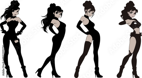 Set of four female manga characters wearing different costumes and hairstyles, striking various poses