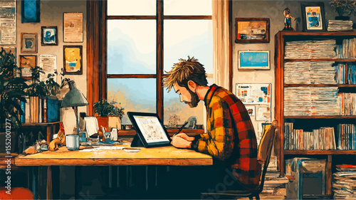Young male illustrator drawing comics on a tablet in his cozy home studio, surrounded by art supplies and books