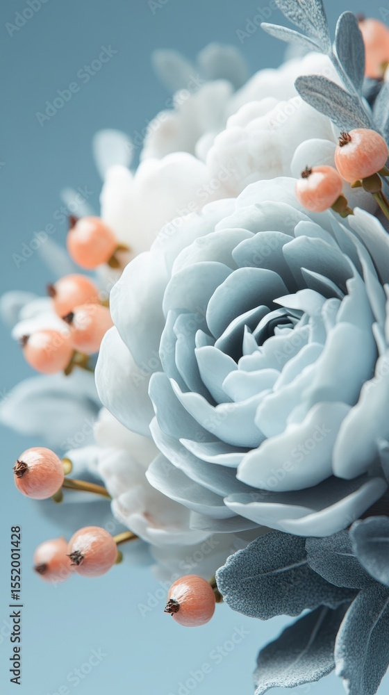 Obraz premium Chic Dusty Blue Floral Arrangement: Modern Elegance with Coral Berries & Silvery Foliage