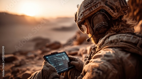 Wallpaper Mural Soldier using tablet device during sunset in rugged terrain for mission coordination and intelligence gathering Torontodigital.ca