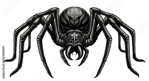 Detailed illustration of a threatening black spider against a white background