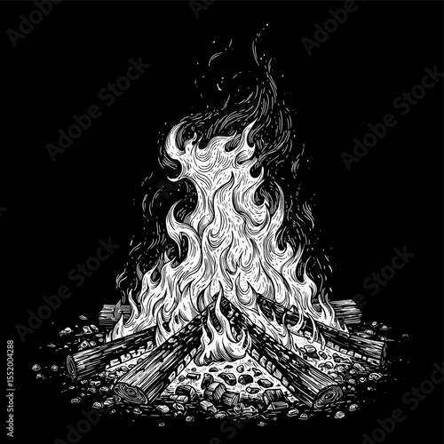 Detailed monochrome drawing of a bonfire with burning logs and rising flames
