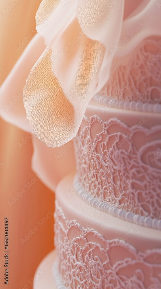 Macro shot of a delicate piped icing pattern on a wedding cake, with a soft apricot background. Macro shot of a delicate piped icing pattern on a wedding cake, with a soft apricot background.