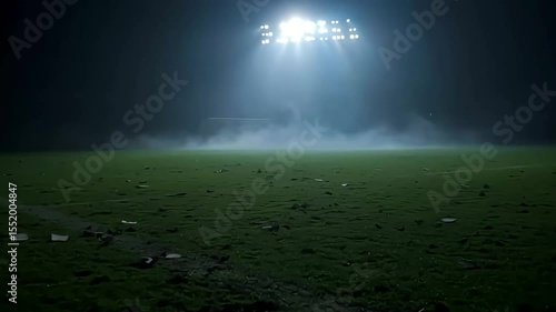 Dramatic night view of an empty soccer field bathed in bright stadium lights, with a hazy mist hovering over the goal area. Perfect for themes of solitude, aspiration, or the calm before the game.