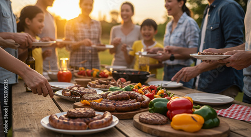Family gathered around a backyard grill