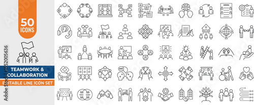 Teamwork & Collaboration Icon Set – Editable Line Vector Icons for Business, Meetings, Support, HR & Partnerships. Editable Stroke. Vector illustration