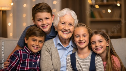 Healthy aging and longevity concept A joyful elderly woman poses with four smiling children, creating a heartwarming scene of family togetherness.