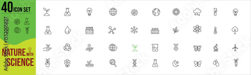 Minimalist Line Icon Set of Nature and Science Symbols in Modern Vector Style.biology, environment, ecology, research, lab, plant, leaf
