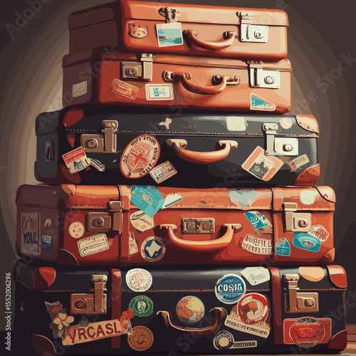 Stacked vintage suitcases covered with travel stickers on a textured background