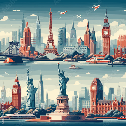 Famous landmarks from around the world in a vibrant cityscape illustration featuring rivers and planes