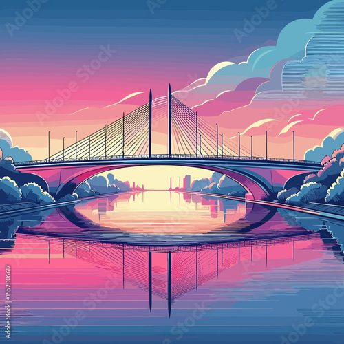 Beautiful bridge reflected in water at sunset with colorful sky and soft clouds